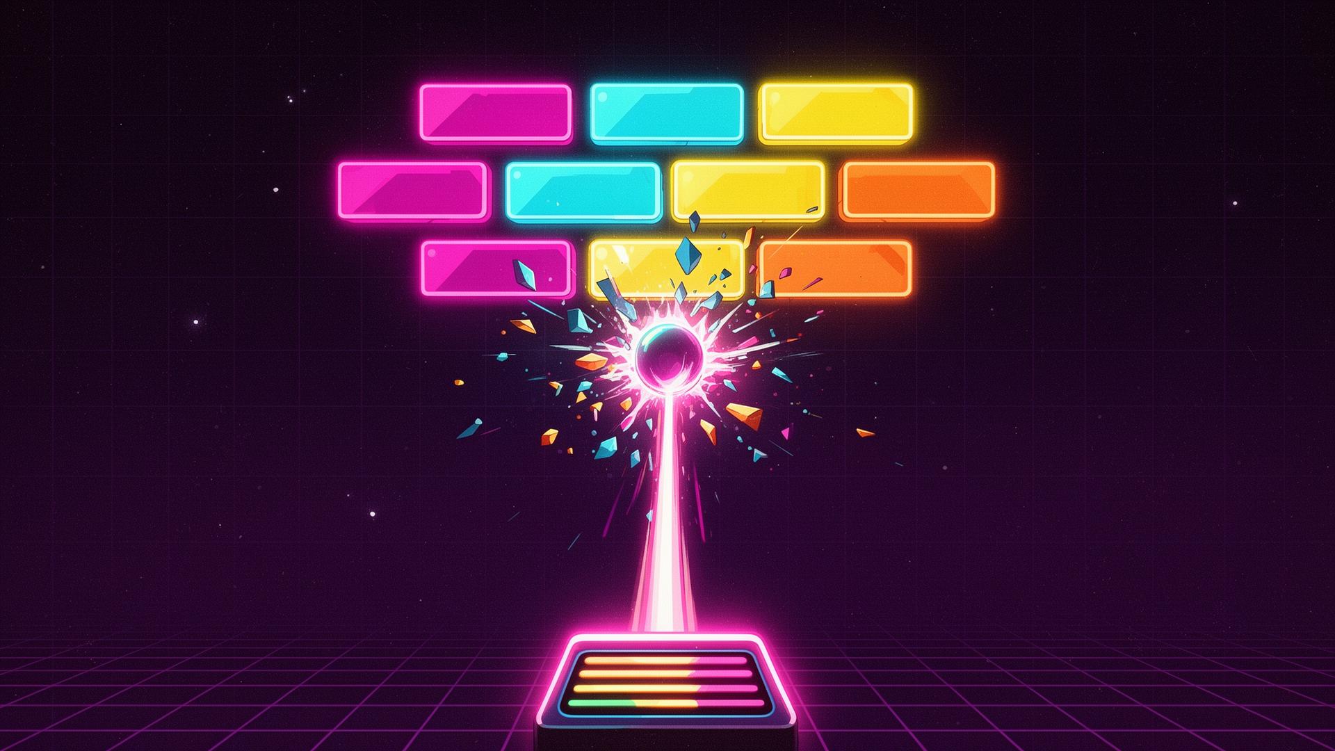 Neon brick breaker arcade scene with paddle, glowing ball, and shattered bricks